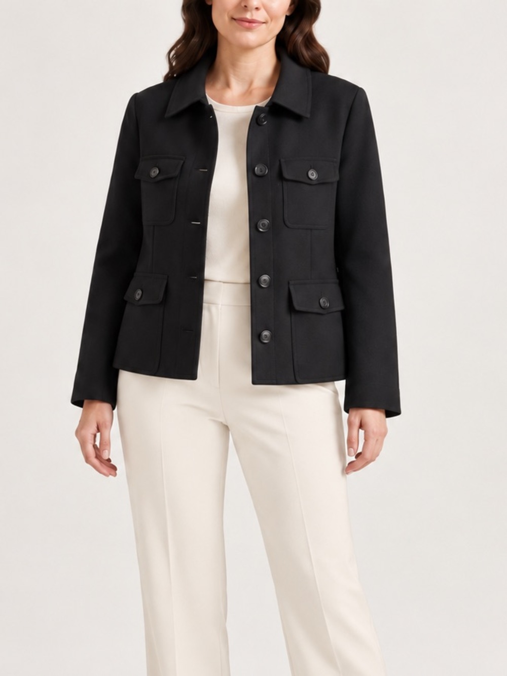 Talbots Women’s Black Stretch Utility Safari Jacket 4 Pocket Button Front Large